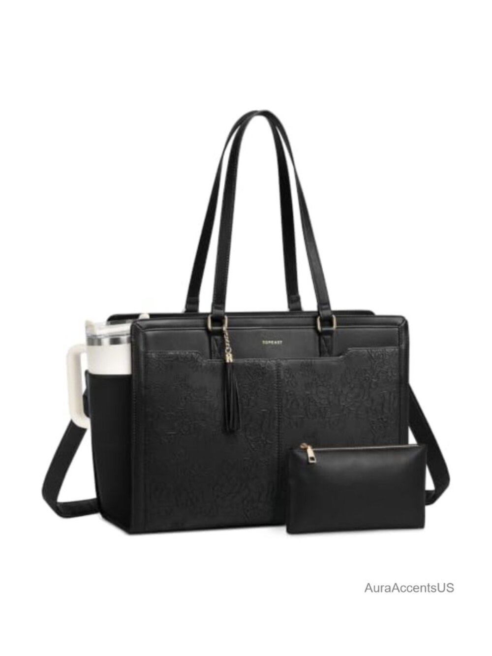 Embossed Vegan Leather 15.6" Laptop Tote Bag with Cup Holder Work Purse